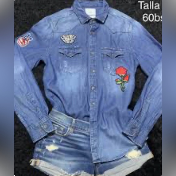 Zara denim shirt patches distressed unisex large button up boho Zip Code 1992 - Picture 13 of 13